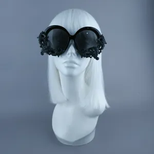 "Iris" Black Filigree Oversized Round Sunglasses